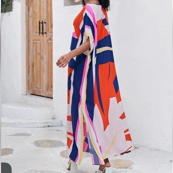 Multi color Geo Print Tie Neck Batwing Sleeve split oversize Cover Up kaftan - Picture 3 of 9